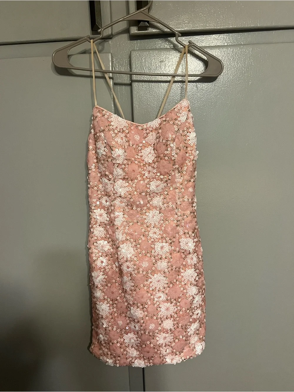 Clarisse Pink and White Sequin Floral Lace Mini Dress